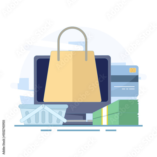 E-commerce concept. Computer and shopping bag are symbols of online shopping. E-commerce online shopping via mobile phone. Making purchases using mobile applications. Flat design illustration.