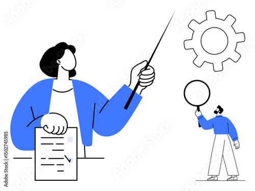 Person holding document explains with a pointer, accompanied by another individual engaging with abstract concepts. Ideal for planning, teamwork, strategy, training, leadership, organization, simple