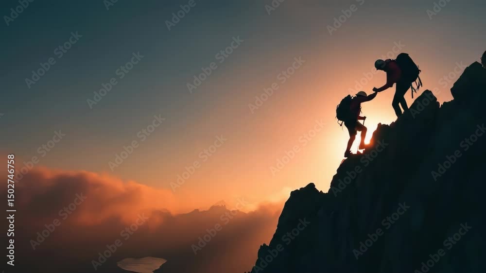 Two climbers ascending a rocky mountain at sunset, showcasing teamwork against a vibrant sky