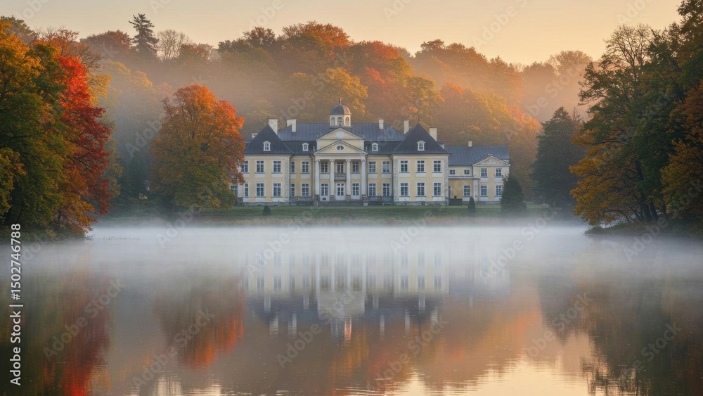 Fototapeta premium Manor house reflected in lake on a foggy morning