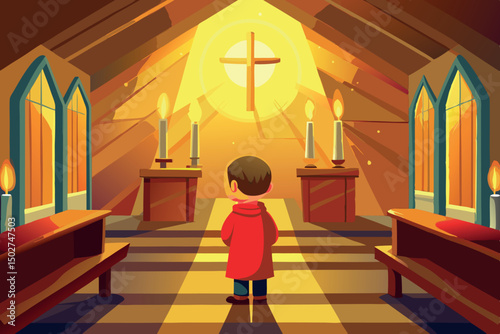 A serene church scene featuring a child facing an illuminated altar with a cross, soft candlelight, and warm rays of sunlight filling the space