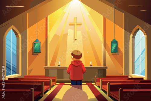 A boy standing quietly in a church with glowing candles and sunlight shining through stained glass windows, highlighting the peaceful interior