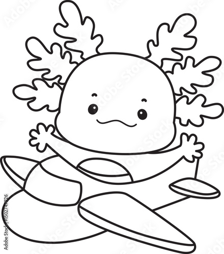 Outline of Illustration of cute axolotl activities icon.
Lineart of Funny pink axolotl in daily routine stickers.
