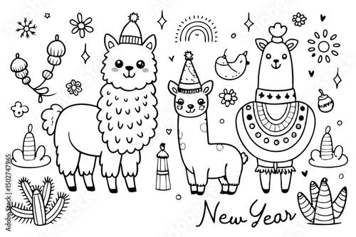 Cute Llamas Happy New Year Coloring Page Illustration