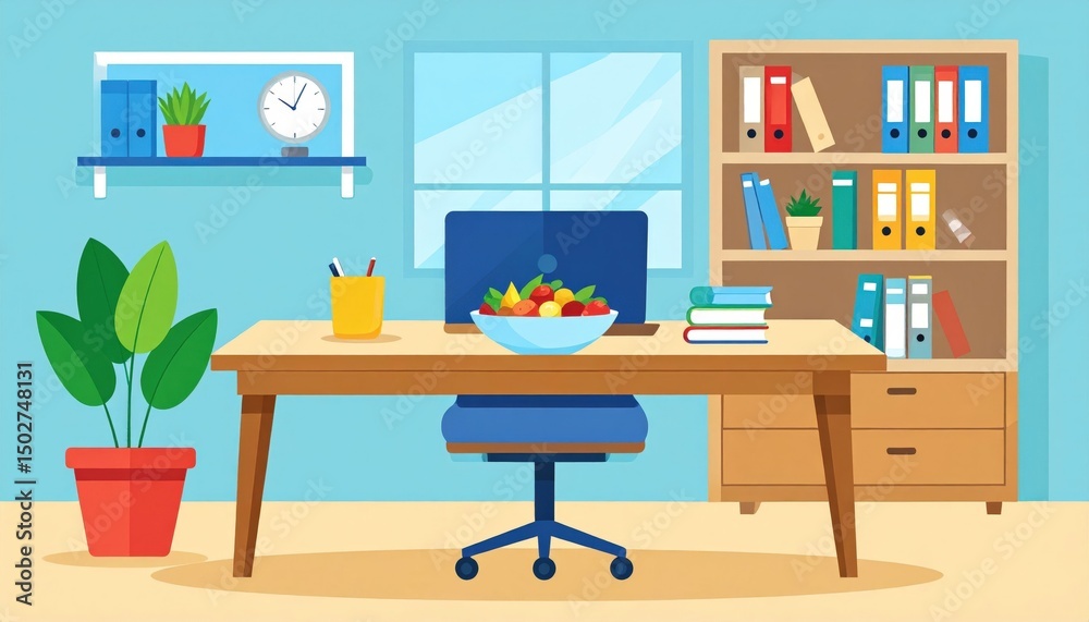 Fototapeta premium Pastel Blue Pixelated Office Room With Laptop And Fruit