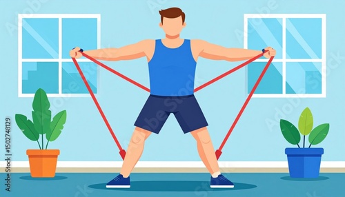 Man Exercising With Resistance Band At Home