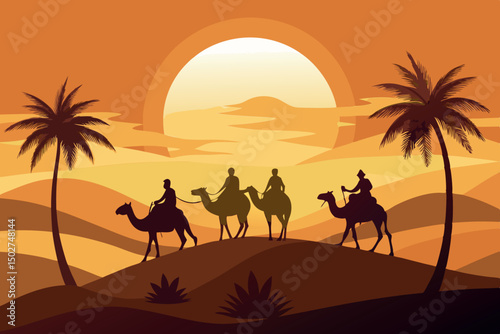 Riders on camels traveling across the golden sands of the desert, with the sun setting behind them and palm trees dotting the scene