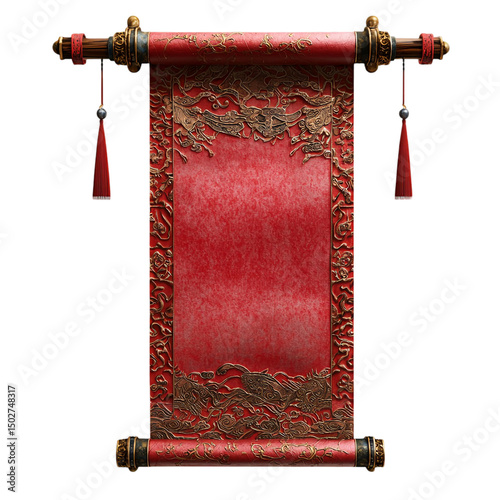 A detailed red and gold chinese scroll with tassels hanging against a black isolated background view