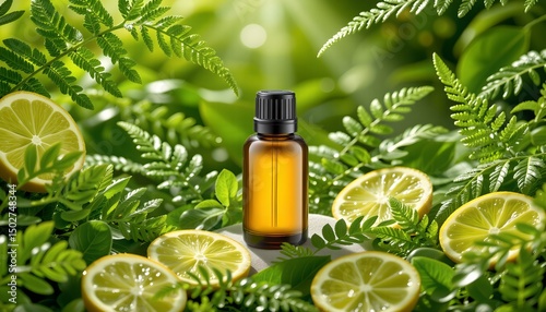 essential oil bottle inside a ring of green fern leaves and sliced citrus, sunbeam lighting from above, lush green tones, energizing yet natural