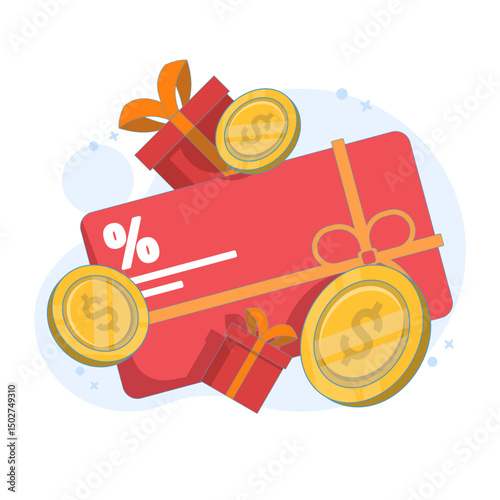 Customer loyalty program concept, Consumer rewards, Loyalty bonus card program. Purchase return percentage. Earn money or points. Online shopping sales bonus. Flat design illustration.
