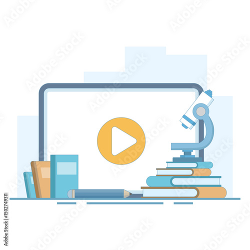 Distance or online education concept, studying lessons remotely and watching online seminars at home. Distance learning. Modern online education. Reading e-books. Flat design illustration.