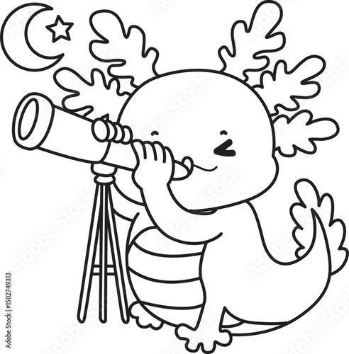 Outline of Illustration of cute axolotl activities icon.
Lineart of Funny pink axolotl in daily routine stickers.
