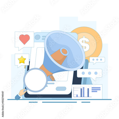 Concept of content creation and data analysis, content that can communicate with the audience. digital marketing, advertising and promotion. Flat design illustration on background.