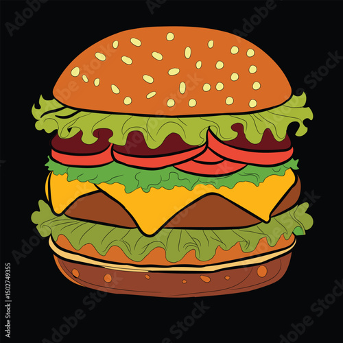 Delicious isolated cheeseburger with beef, lettuce, tomato, and sesame bun on a white background, perfect for a fast food lunch or snack