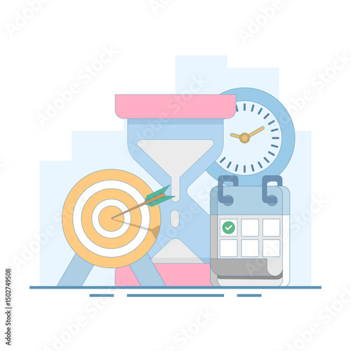Time management concept, Self-discipline or self-control to complete work or achieve business targets, time management to increase productivity. flat design illustration.
