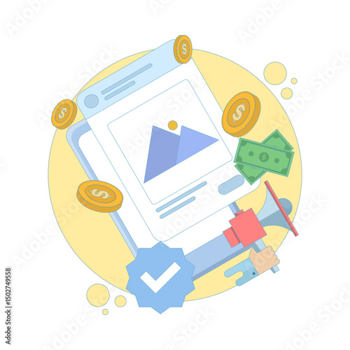 Content monetization concept, how to make money online on social media. Social media content creators make money online. make money online. Flat design illustration in the background.