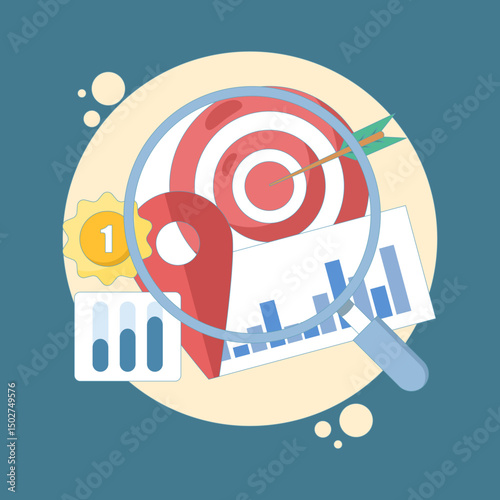 Store locator concept. Find profitable locations, strategic investments and ROI insights. online information search. device screen with local pin location and target. flat design illustration
