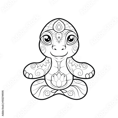 Peaceful cartoon turtle meditating in lotus position with ornamental designs for coloring