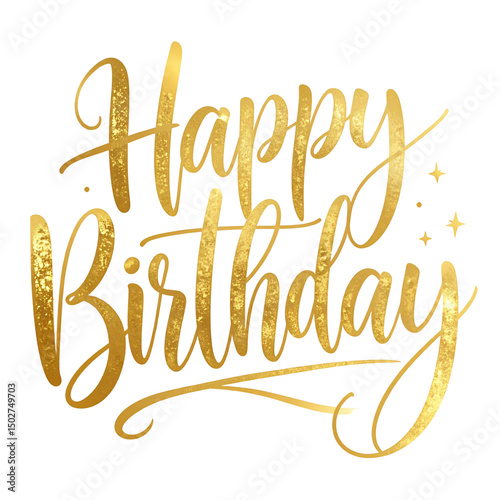 Modern gold foil calligraphy of 'Happy Birthday' with shimmer effect, isolated PNG