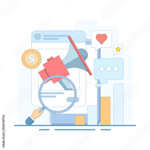 Concept of content creation and data analysis, content that can communicate with the audience. digital marketing, advertising and promotion. Flat design illustration on background.