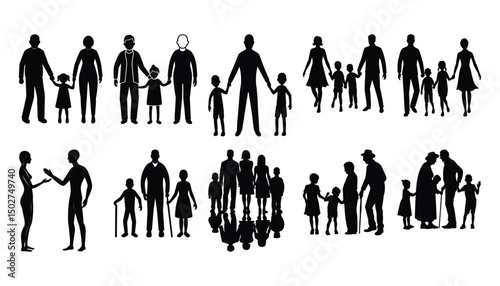 Silhouettes of family members in various groupings holding hands showing relationships