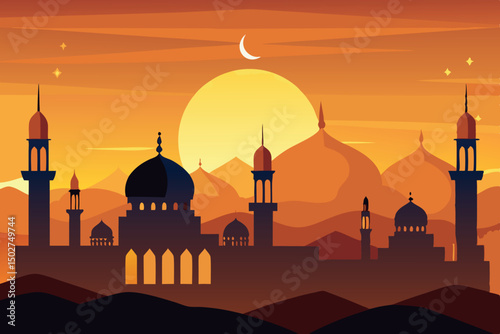 Beautiful silhouette of an Islamic cityscape at sunset with mosque domes, minarets, and a crescent moon highlighting the peaceful night