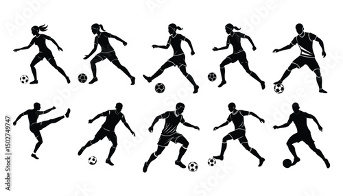 Wallpaper Mural Silhouette illustrations of soccer players demonstrating various football action poses in black and white Torontodigital.ca