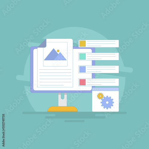 marketing analysis concept, Content Management System, CMS Software, content optimization with header tags. CMS for websites and blogs, business data management. flat design illustration.