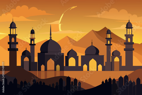 Stunning illustration of a golden hued Islamic cityscape with towering minarets, domes, and a crescent moon at dusk, perfect for Ramadan
