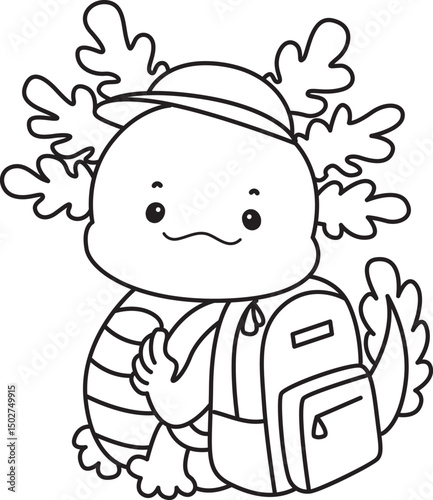Outline of Illustration of cute axolotl activities icon.
Lineart of Funny pink axolotl in daily routine stickers.
