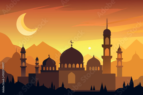 Majestic mosque silhouette at sunset with domes and minarets under a crescent moon, creating a tranquil Islamic cityscape