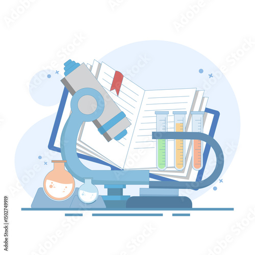 Research implementation concept, Biology and chemistry, microscope and bacteria. scientific research. cell and molecule analysis. chemical laboratory glassware. flat design illustration.