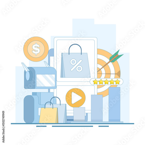 Promotion and advertising concepts. Use of artificial intelligence tools for content creation on social media, business and communication strategies. Digital marketing, Flat design illustrations.