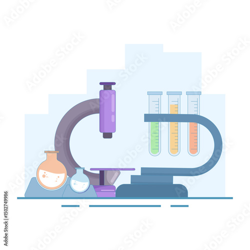 Research implementation concept, Biology and chemistry, microscope and bacteria. scientific research. cell and molecule analysis. chemical laboratory glassware. flat design illustration.