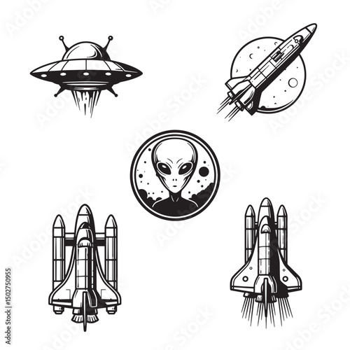 Black and white illustration featuring spacecraft alien and futuristic space elements