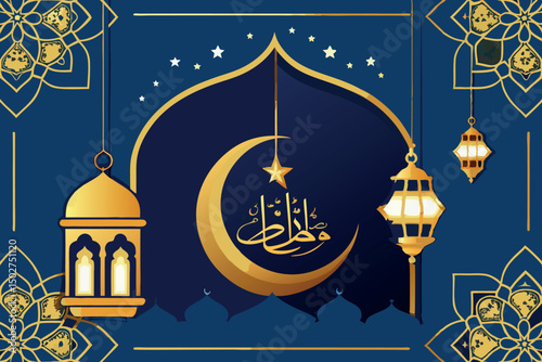 Ramadan and Eid celebration with a golden crescent moon, glowing stars, and intricate lantern designs in a beautifully patterned frame