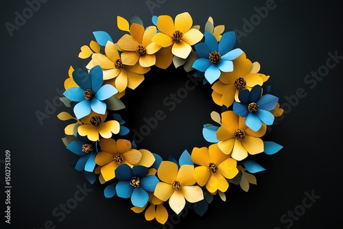 Circular paper flower wreath on dark background
