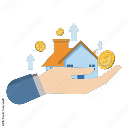 Rising housing prices concept, real estate or property growth, hand with house or property with up arrow indicating rising prices. Flat vector illustration on background.