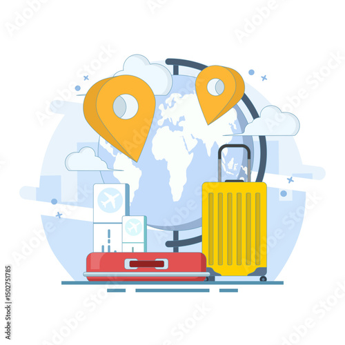 World Travel Adventure, Earth with Location Markers and Luggage. Traveling around the world by plane, vacation trip, travel to different countries. flat design illustration in the background.