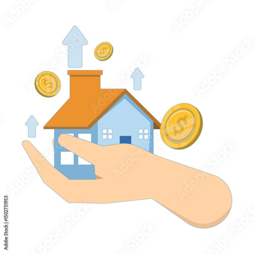 Rising housing prices concept, real estate or property growth, hand with house or property with up arrow indicating rising prices. Flat vector illustration on background.