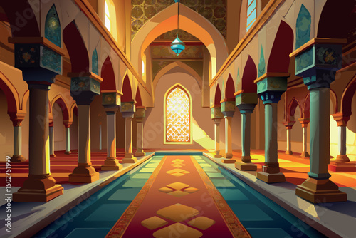 Golden crescent moon, stars, and ornate lanterns hanging in a stunning geometric Islamic pattern for a festive Ramadan celebration