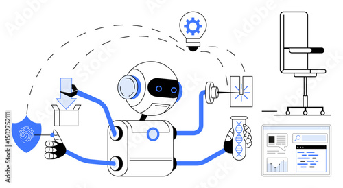 Robot with multiple arms handling tasks thumbs up data analysis, DNA testing, technology setup, and innovation processes. Ideal for AI, robotics, automation, innovation, technology security simple
