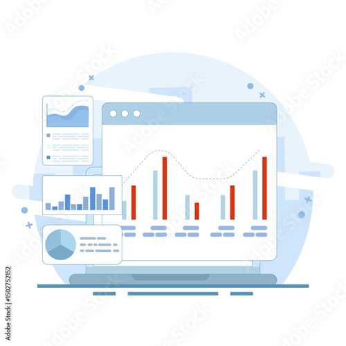 Data analysis concept diagram. data analysis and monitoring on web report dashboard. diagram on monitor. monitor and business investment concept. pie chart. flat design.