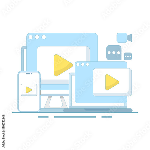 Global access for everyone. watch video. Entertainment media vector video player illustration concept. live digital network television broadcast. live streaming via social media channels.