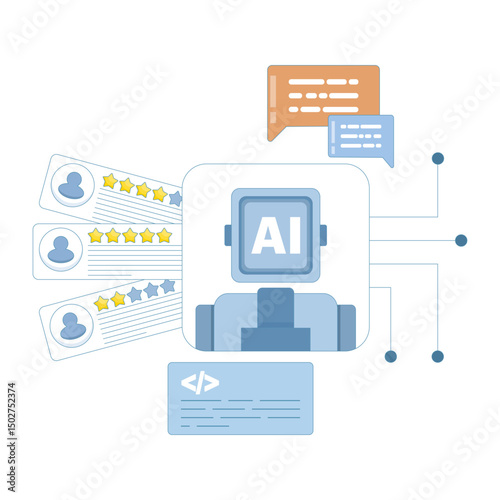 using AI to analyze feedback. analyzing customer reviews to improve product quality development. giving five-star reviews. using artificial intelligence for customer satisfaction. flat design.