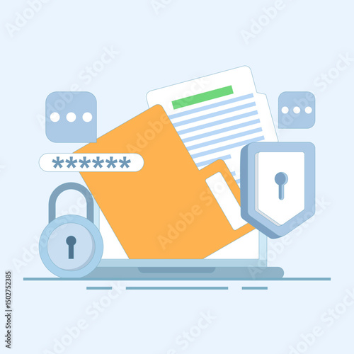 data protection concept, Documents protected by password encryption technology, personal and business document security with password verification and encryption technology. flat illustration.