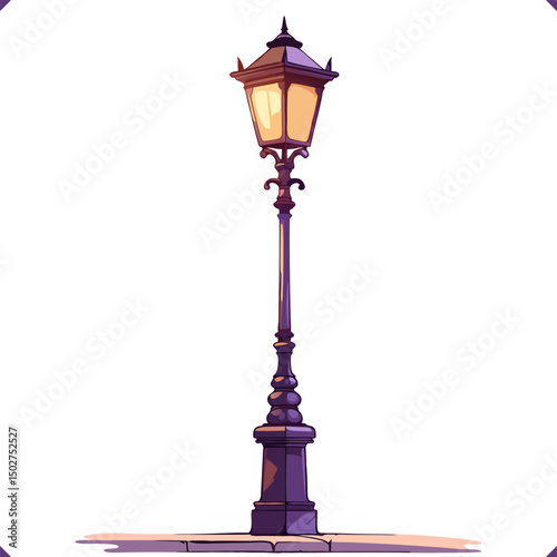 Vector illustration of a vintage street lamp with glowing lights and artistic shadows on a white background. Vector Illustration on the white background
