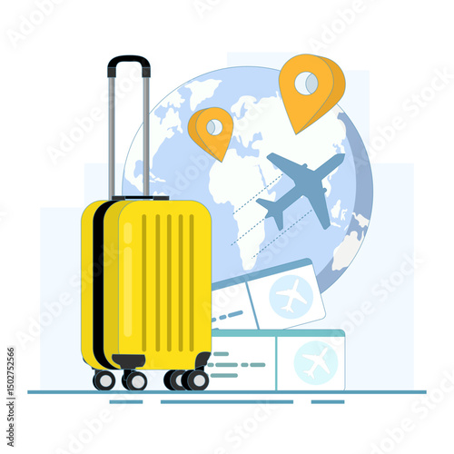 World Travel Adventure, Earth with Location Markers and Luggage. Traveling around the world by plane, vacation trip, travel to different countries. flat design illustration in the background.