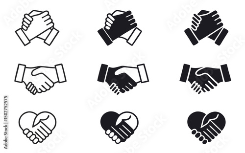 handshake icon set, Soul brother handshake icon, Heart handshake icon in different style, vector illustration