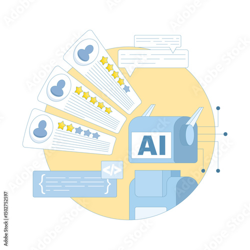 using AI to analyze feedback. analyzing customer reviews to improve product quality development. giving five-star reviews. using artificial intelligence for customer satisfaction. flat design.